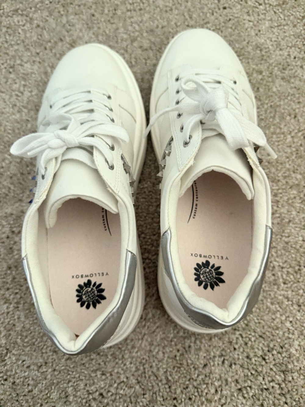Yellow Box White Lace-Up Sneakers with Silver Heel